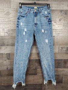 Top Trends Raw Uneven Hem Distressed Pearl Detail Beaded Jeans